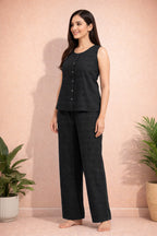Women’s Cotton Sleeveless Night Suit | Button-Front Top with Wide-Leg Pajama | Soft & Breathable Loungewear Set for Women