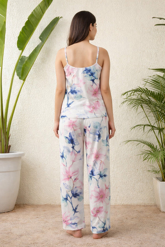 White Floral Cotton Night Suit