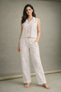 Women’s Cotton Printed Night Suit | Sleeveless Button-Down Top with Elastic Waist Pajama | Soft & Breathable Loungewear Set for Women