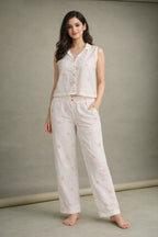 Women’s Cotton Printed Night Suit | Sleeveless Button-Down Top with Elastic Waist Pajama | Soft & Breathable Loungewear Set for Women