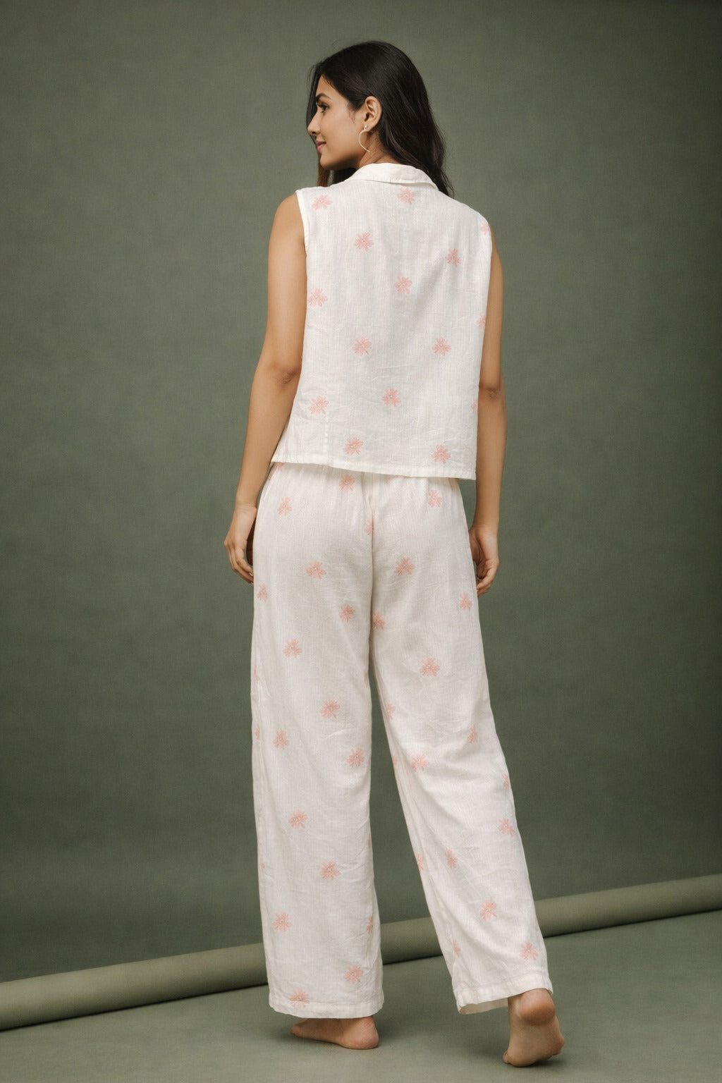 Women’s Cotton Printed Night Suit | Sleeveless Button-Down Top with Elastic Waist Pajama | Soft & Breathable Loungewear Set for Women