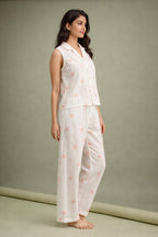 Women’s Cotton Printed Night Suit | Sleeveless Button-Down Top with Elastic Waist Pajama | Soft & Breathable Loungewear Set for Women