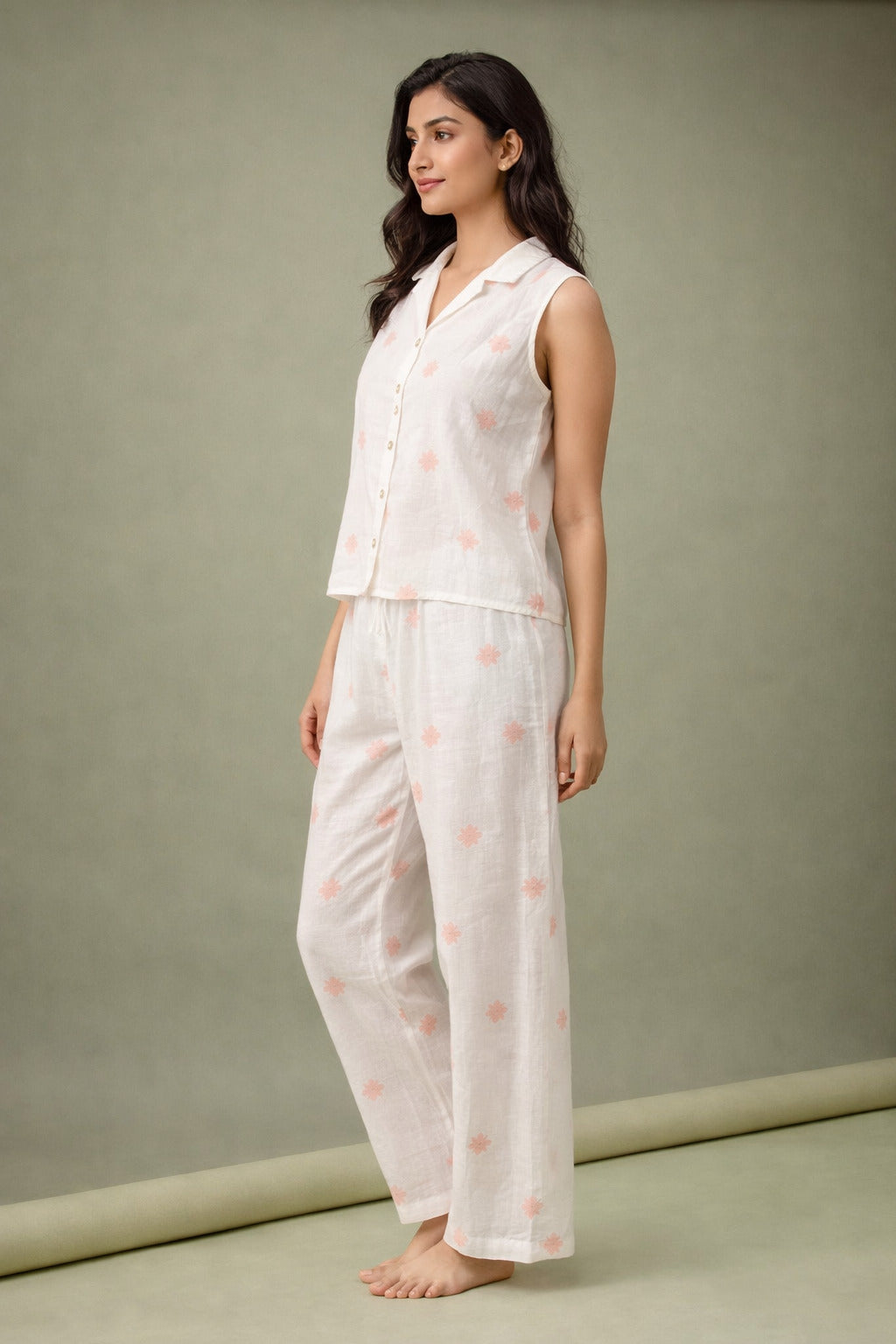 Women’s Cotton Printed Night Suit | Sleeveless Button-Down Top with Elastic Waist Pajama | Soft & Breathable Loungewear Set for Women