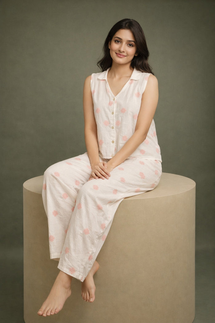 Cream Sleeveless Cotton Night Suit