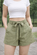 Women Olive Green Cotton Shorts with Tie-Up Belt | High Rise | Relaxed Fit Casual Shorts