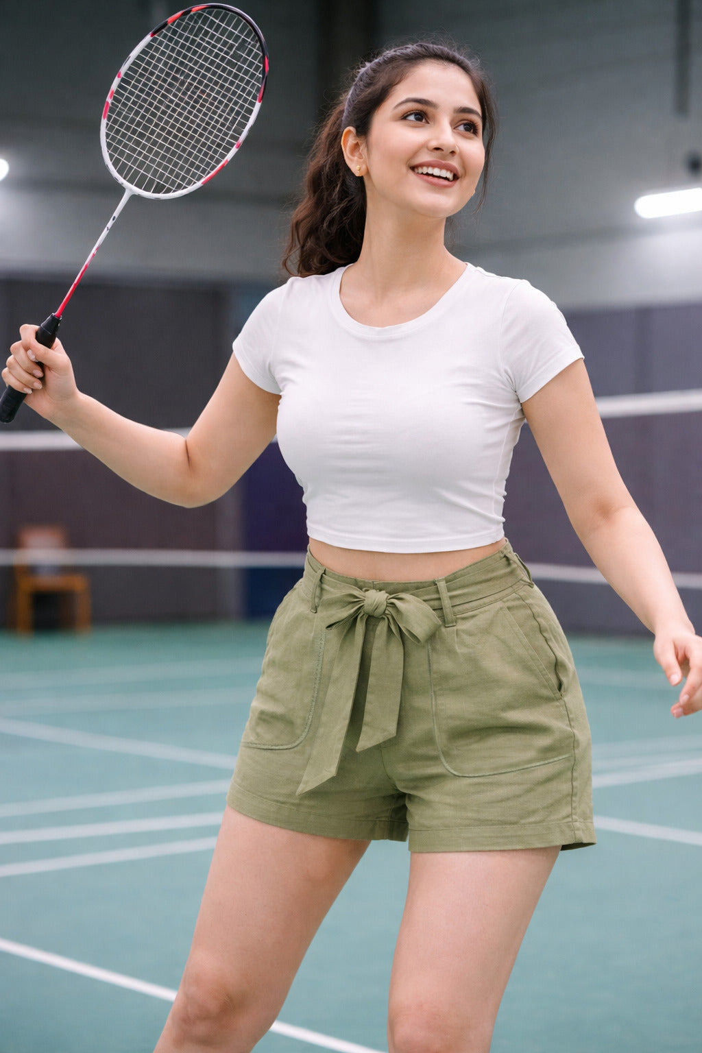 Women Olive Green Cotton Shorts with Tie-Up Belt | High Rise | Relaxed Fit Casual Shorts