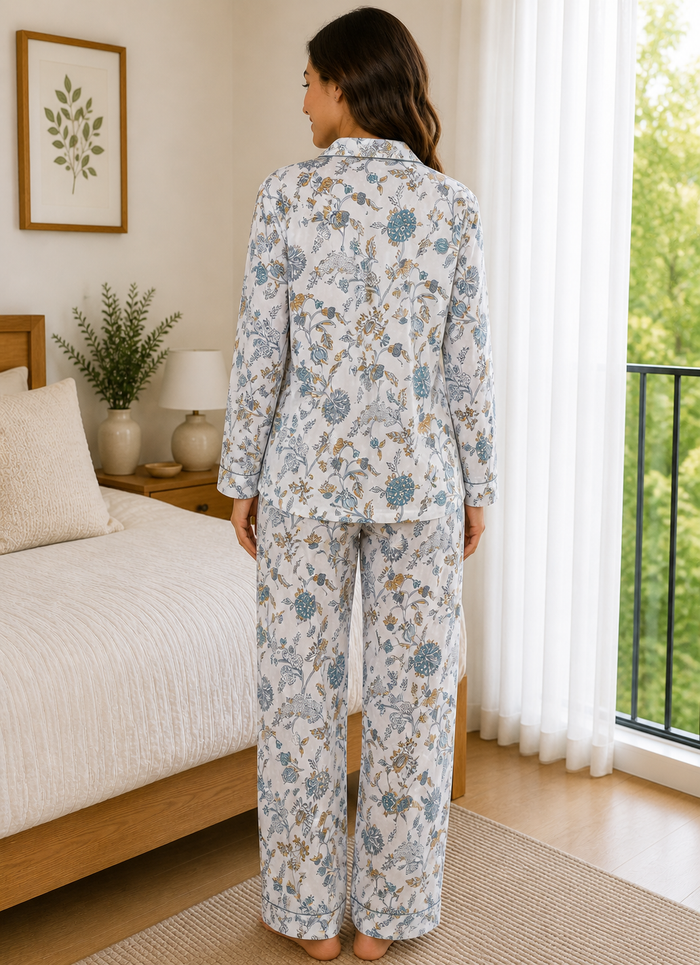 White Cotton Printed Pajama Set