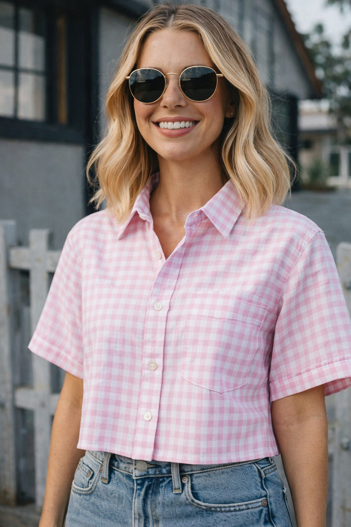 Pink Checked Cropped Shirt