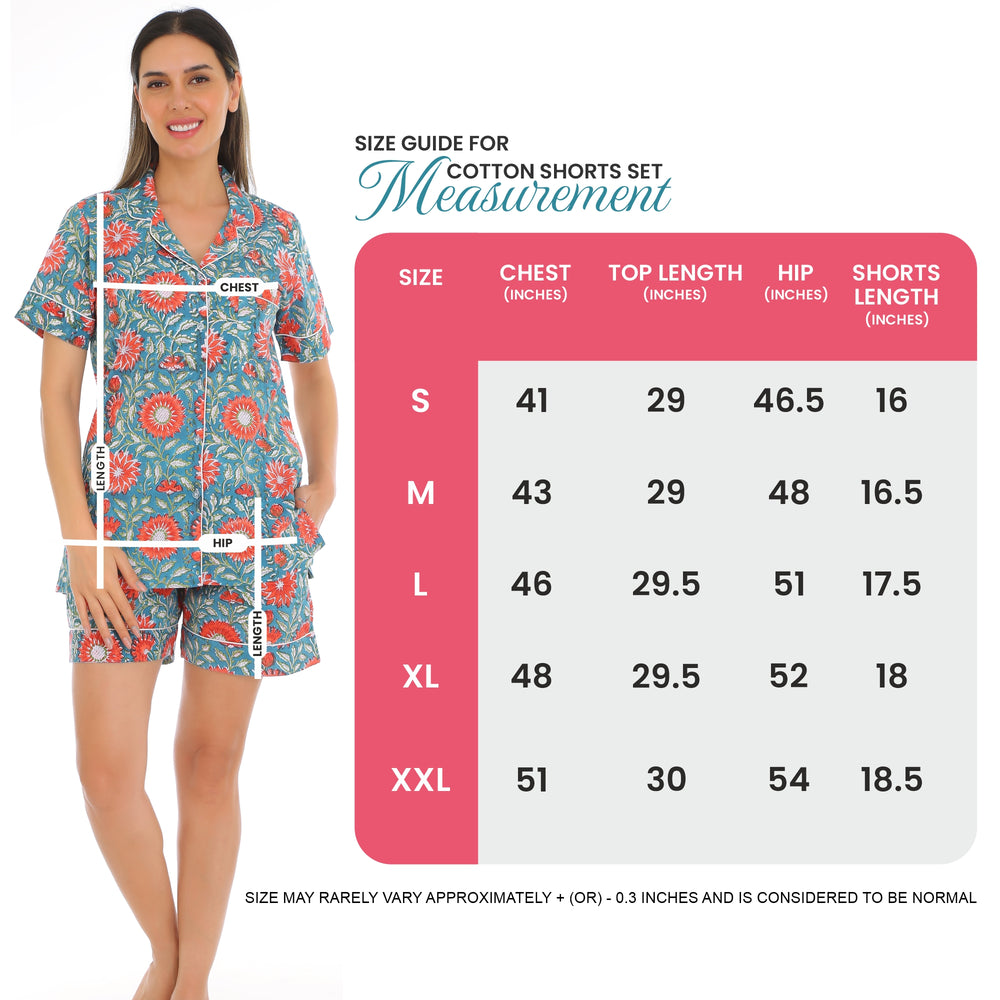Blue Floral Cotton Short Set size chart
