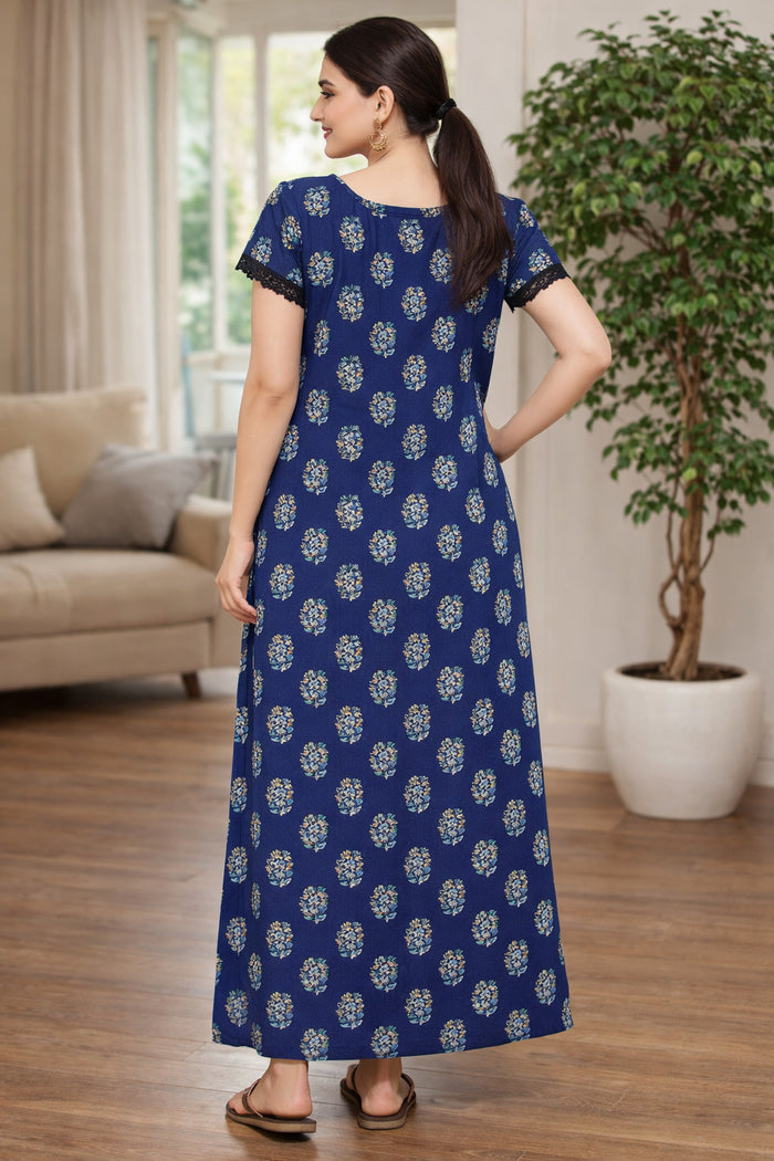Navy Floral Maxi Nighty with Pockets