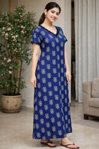 Elegant Floral Maxi Dress with Pockets - Navy Blue