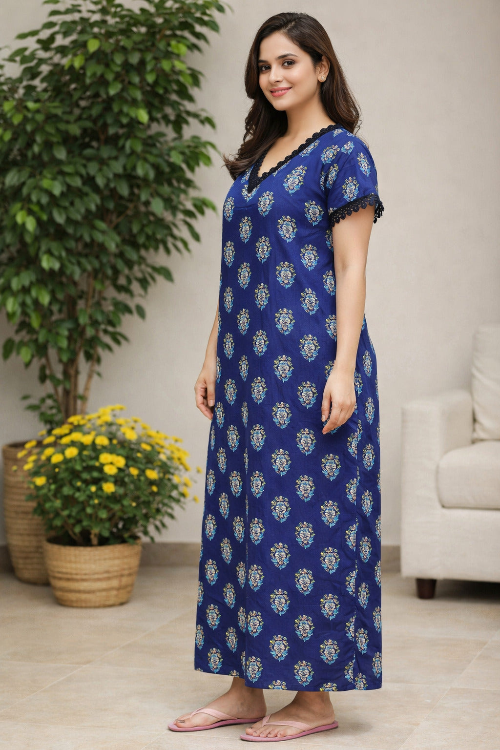 Elegant Floral Maxi Dress with Pockets - Navy Blue