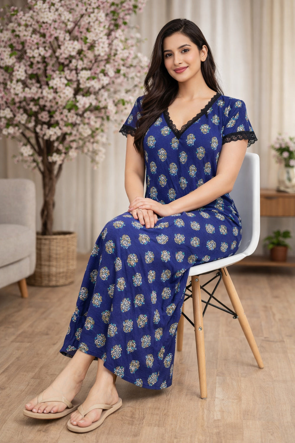 Navy Floral Maxi Nighty with Pockets