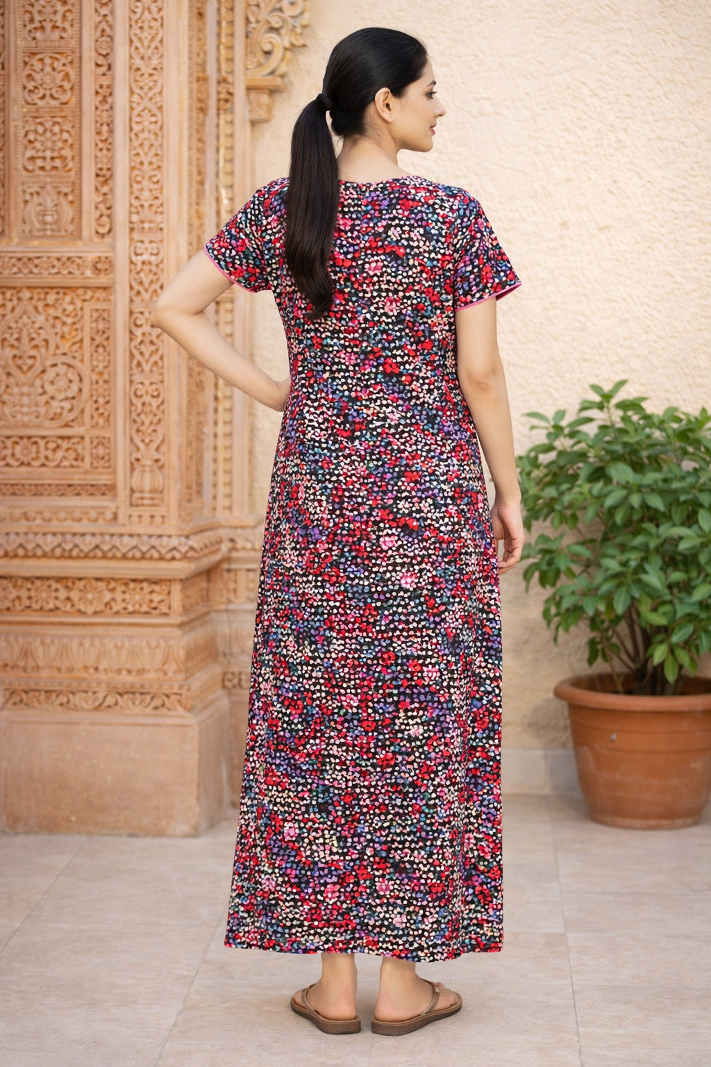 Elegant Printed Maxi Dress with Comfort Fit - Pink & Blue - Women