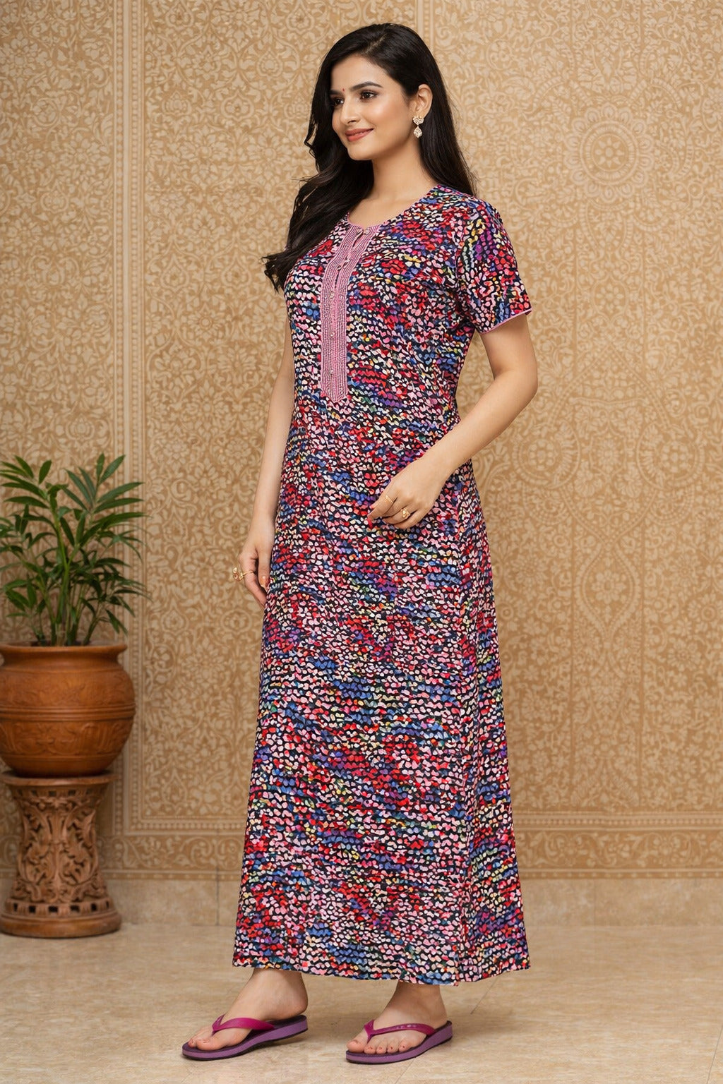 Elegant Printed Maxi Dress with Comfort Fit - Pink & Blue - Women