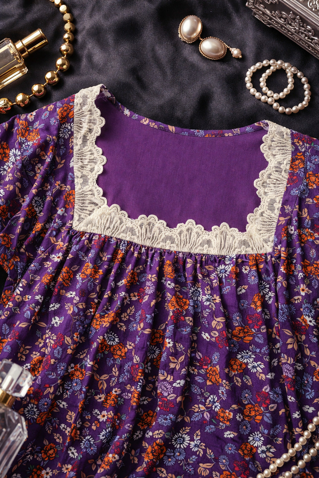 Charming Floral Maxi Dress with Lace Detail – Women's Casual Wear in Purple