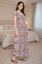 Elegant Ethnic Maxi Dress with Intricate Print - Maroon & Beige