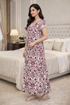 Elegant Ethnic Maxi Dress with Intricate Print - Maroon & Beige