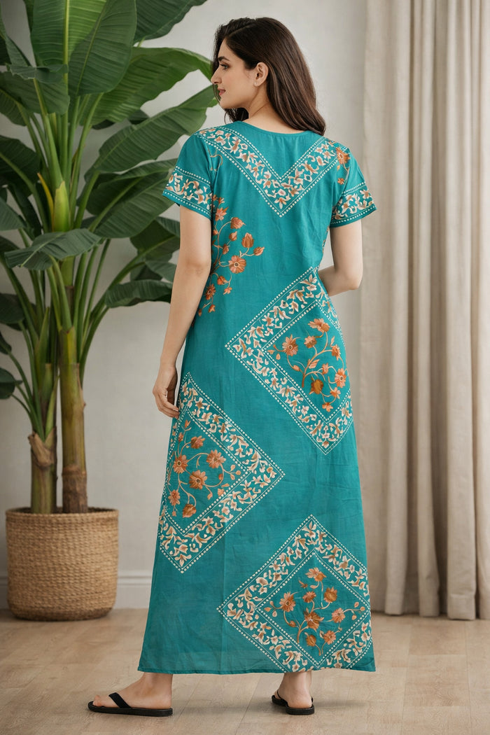 Teal Floral Long Nighty