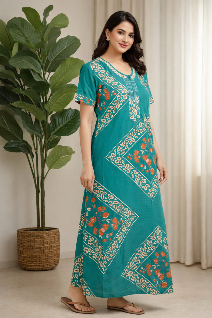 Teal Floral Long Nighty