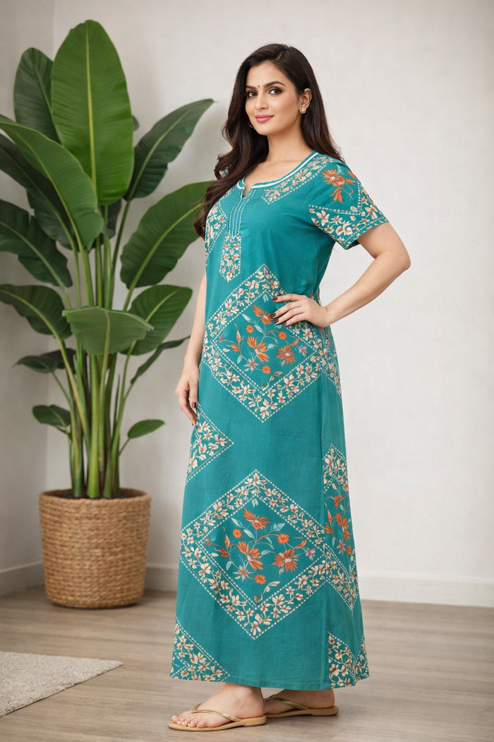 Teal Floral Long Nighty