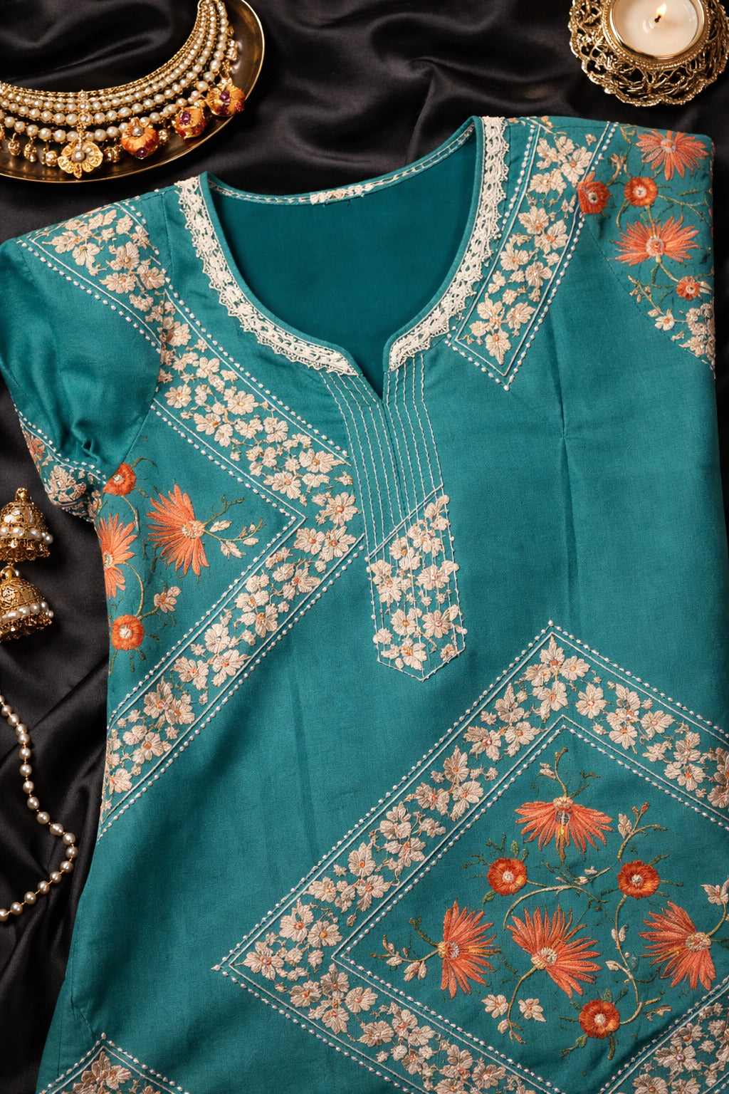 Elegant Teal Floral Long Kurta for Women