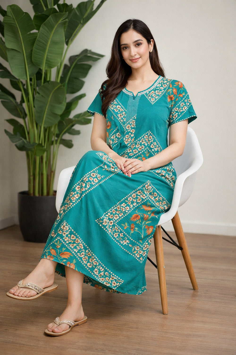 Teal Floral Long Nighty