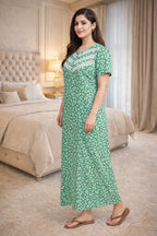 Elegant Floral Maxi Dress with Lace Detail - Green - Women's