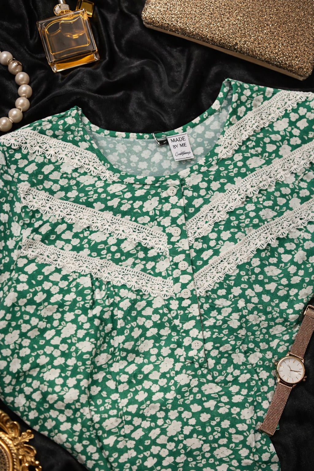 Elegant Floral Maxi Dress with Lace Detail - Green - Women's