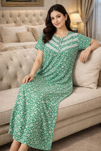 Elegant Floral Maxi Dress with Lace Detail - Green - Women's