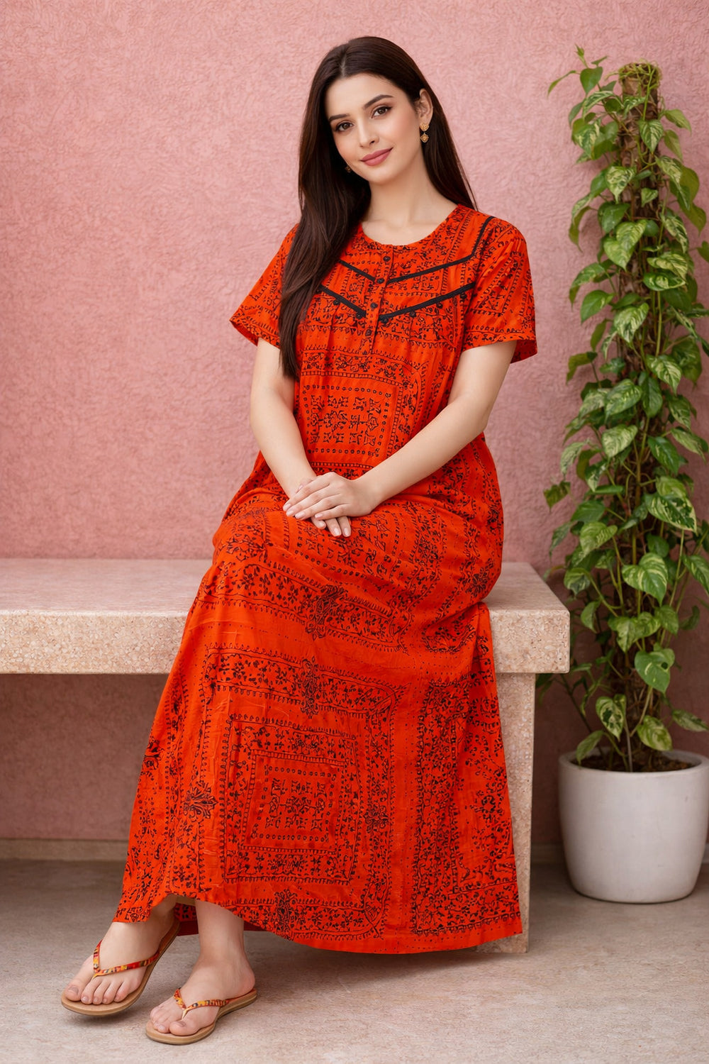 Red Ethnic Maxi Nighty