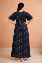 Elegant Floral Maxi Dress with Embroidery - Navy Blue - Women's Fashion