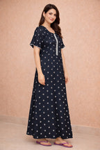 Elegant Floral Maxi Dress with Embroidery - Navy Blue - Women's Fashion
