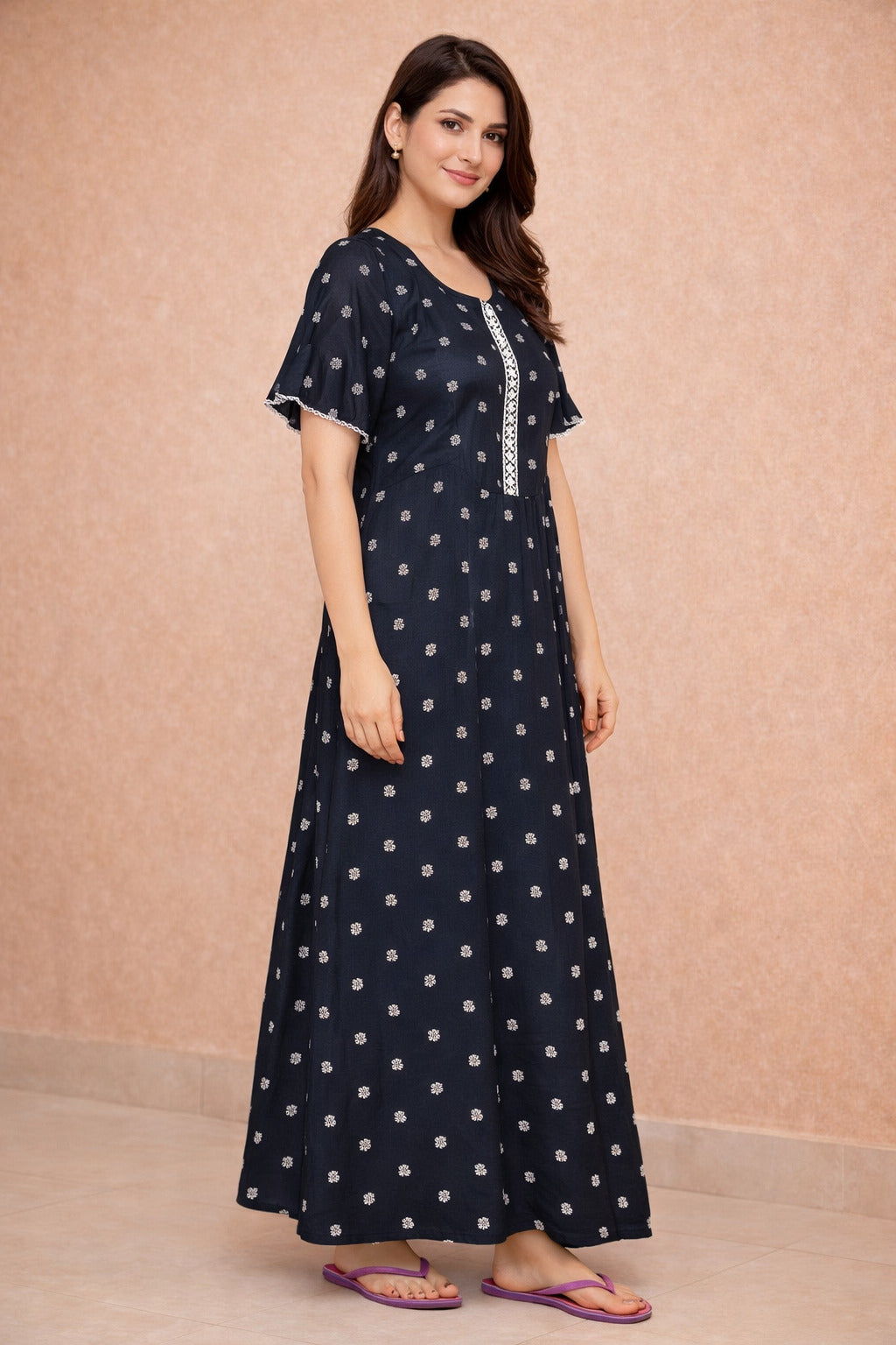 Elegant Floral Maxi Dress with Embroidery - Navy Blue - Women's Fashion