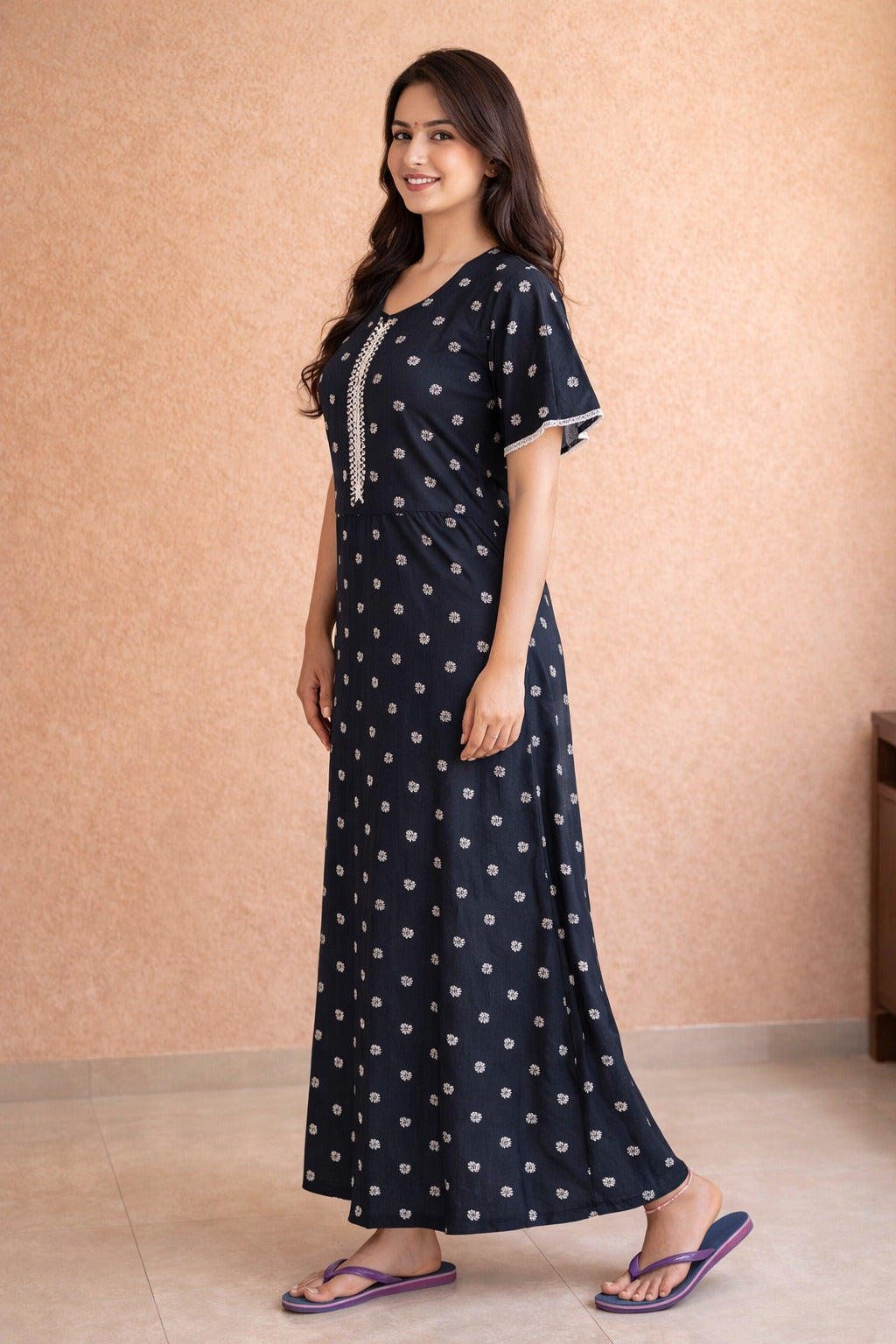 Elegant Floral Maxi Dress with Embroidery - Navy Blue - Women's Fashion