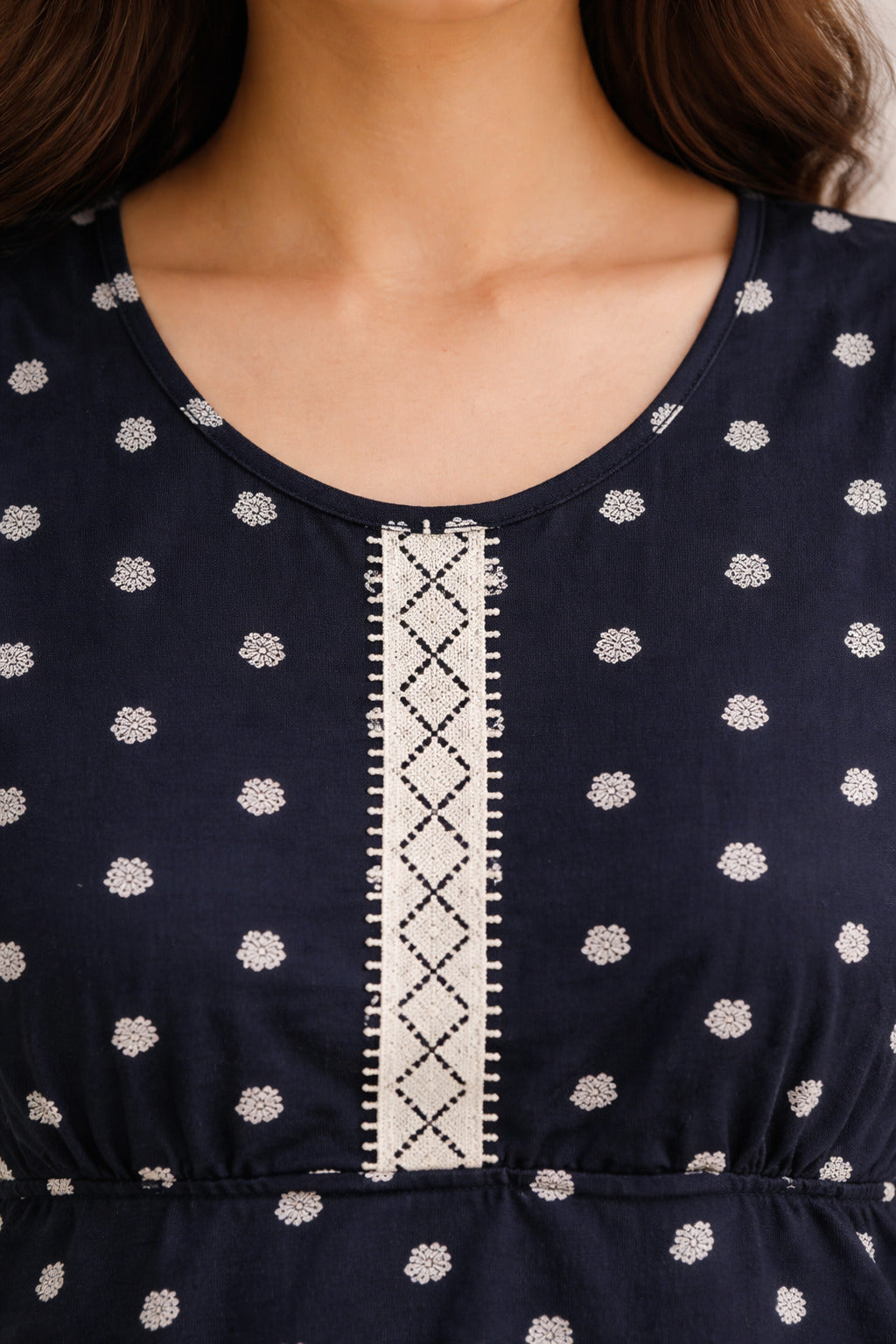 Elegant Floral Maxi Dress with Embroidery - Navy Blue - Women's Fashion