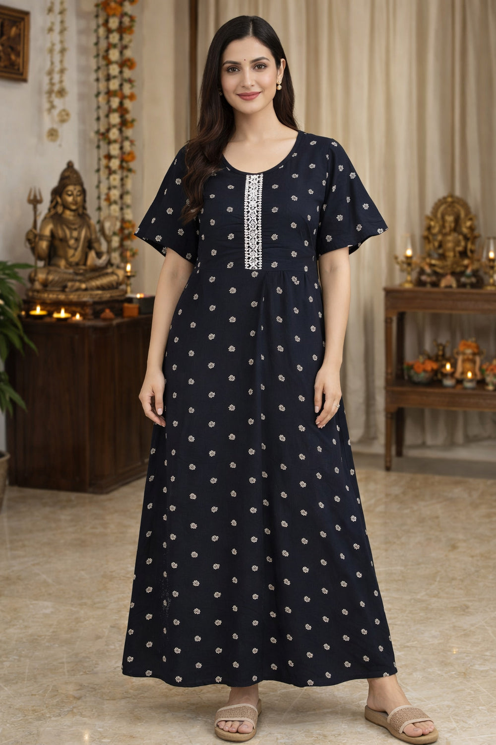 Black Floral Embroidered Nighty