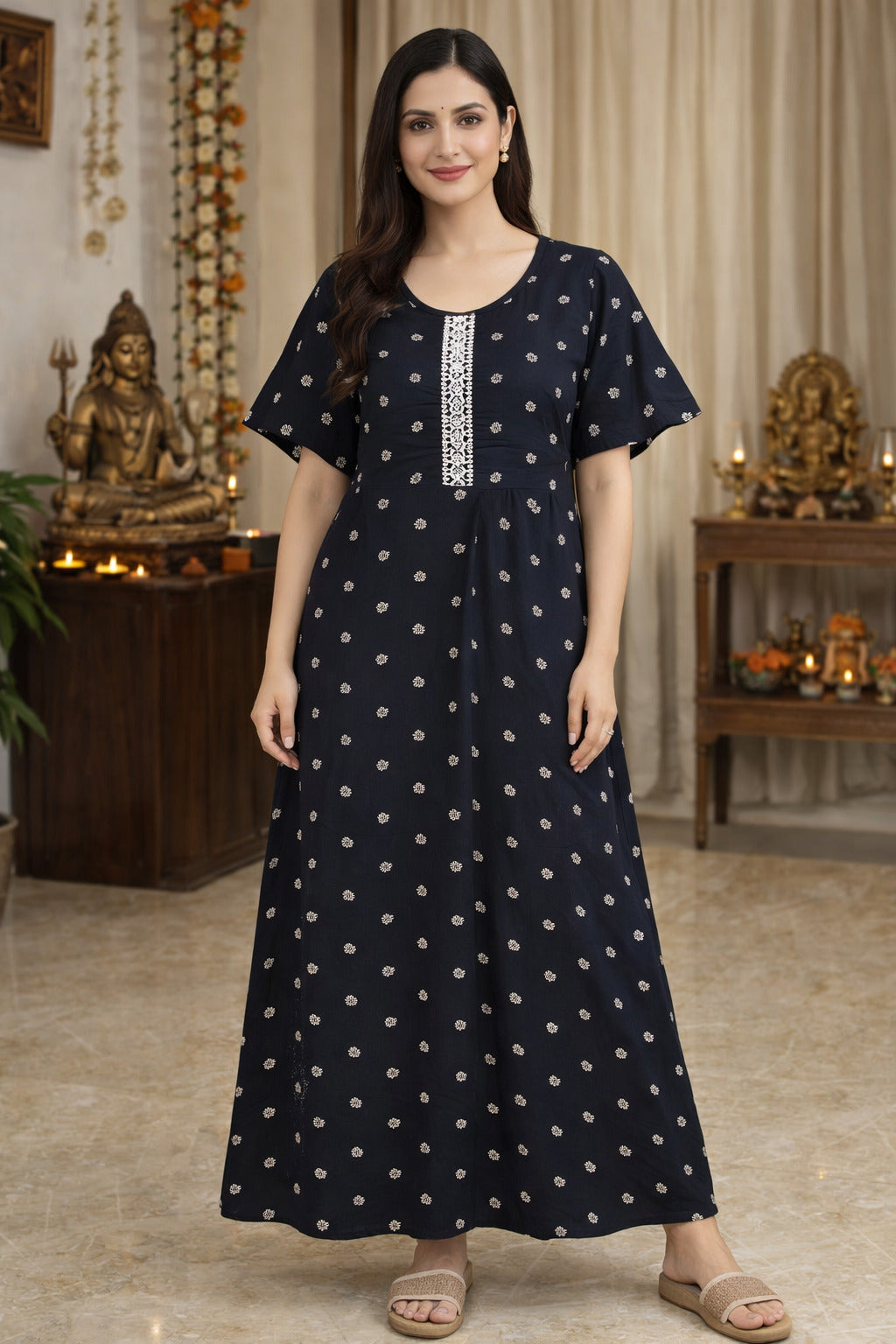 Elegant Floral Maxi Dress with Embroidery - Navy Blue - Women's Fashion