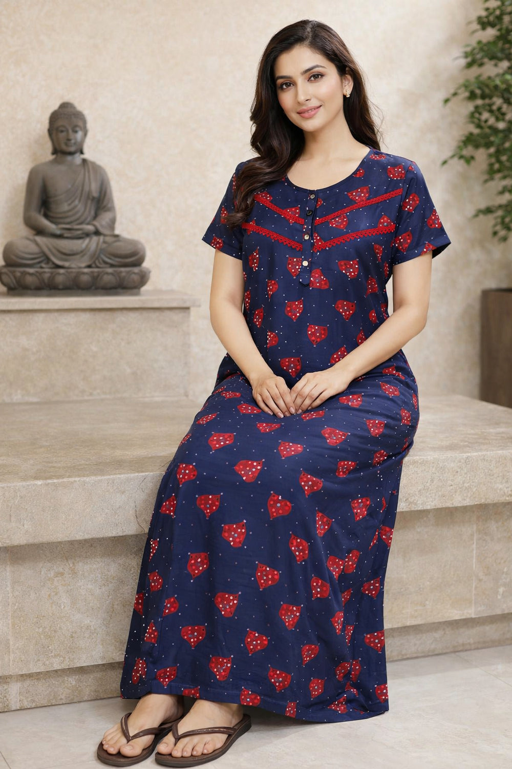 Navy Heart Print Maxi Nighty