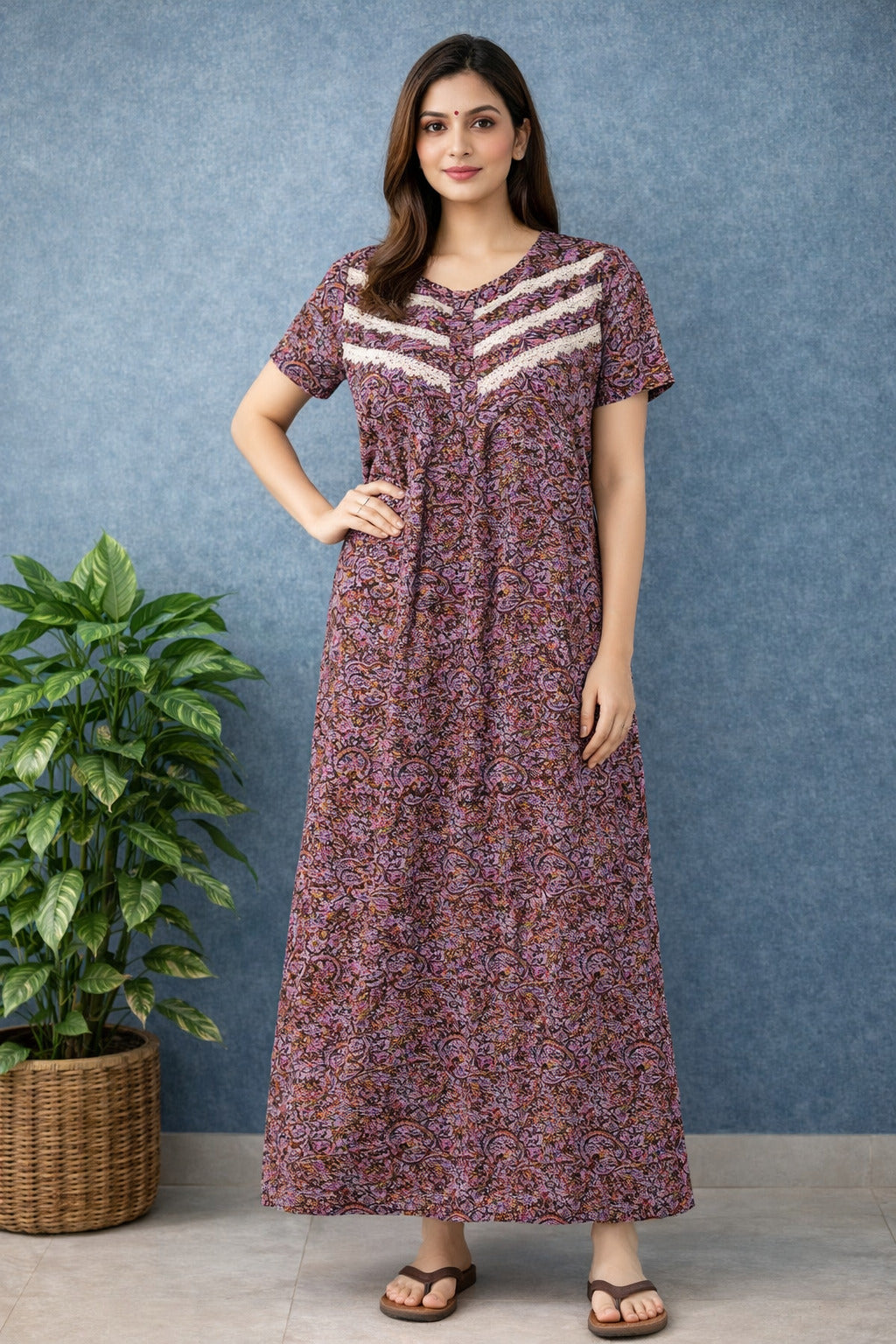 Elegant Women's Purple Floral Maxi Dress with Lace Detail