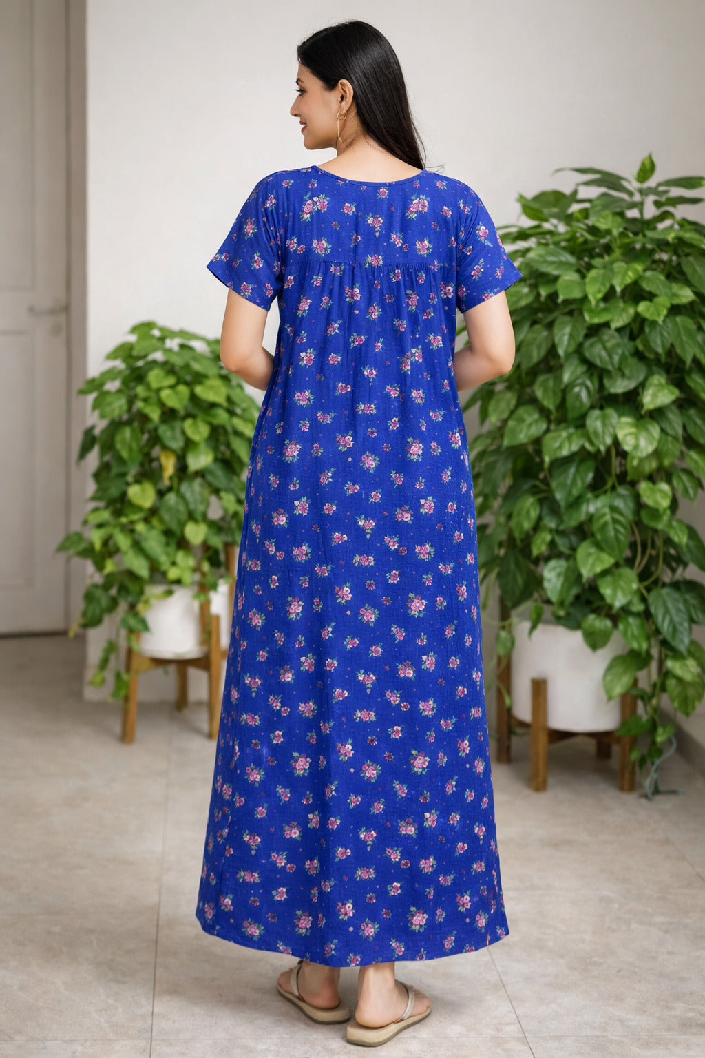 Charming Floral Maxi Dress with Lace Detail - Blue - Women's Casual Wear