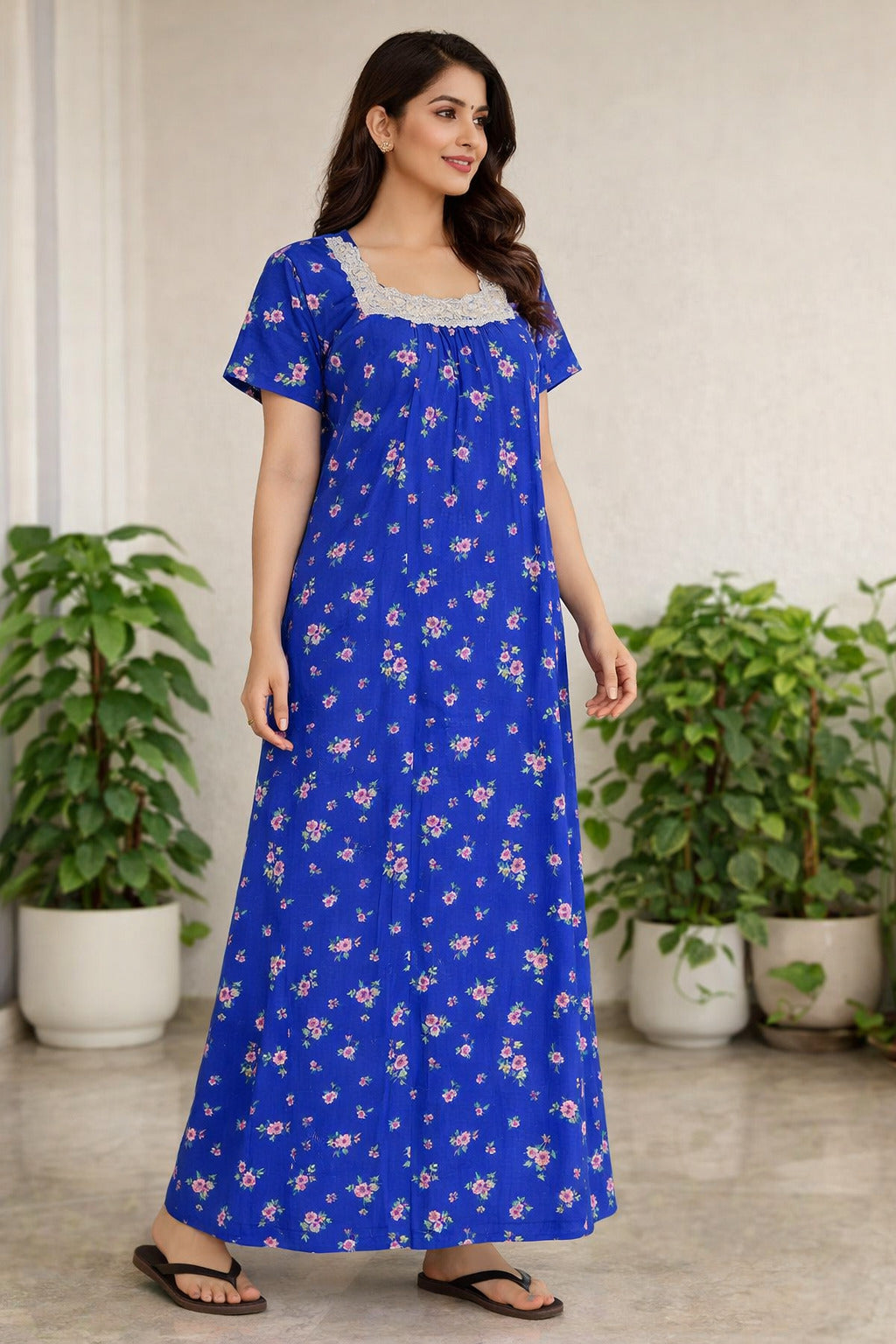 Charming Floral Maxi Dress with Lace Detail - Blue - Women's Casual Wear