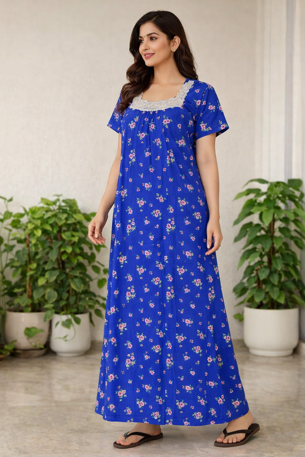 Charming Floral Maxi Dress with Lace Detail - Blue - Women's Casual Wear