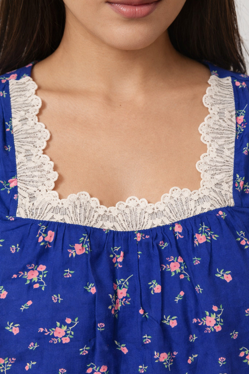 Charming Floral Maxi Dress with Lace Detail - Blue - Women's Casual Wear