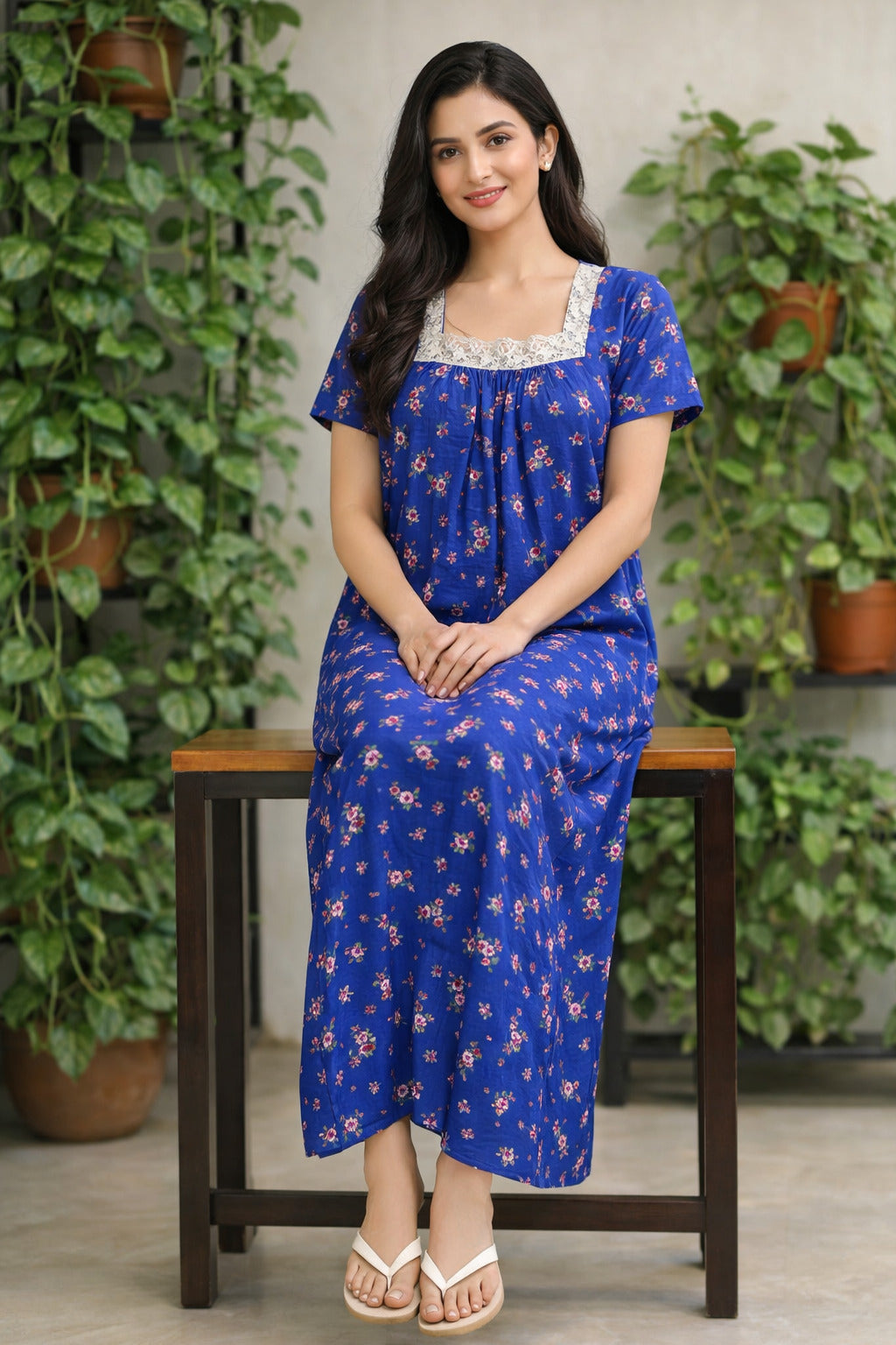 Charming Floral Maxi Dress with Lace Detail - Blue - Women's Casual Wear