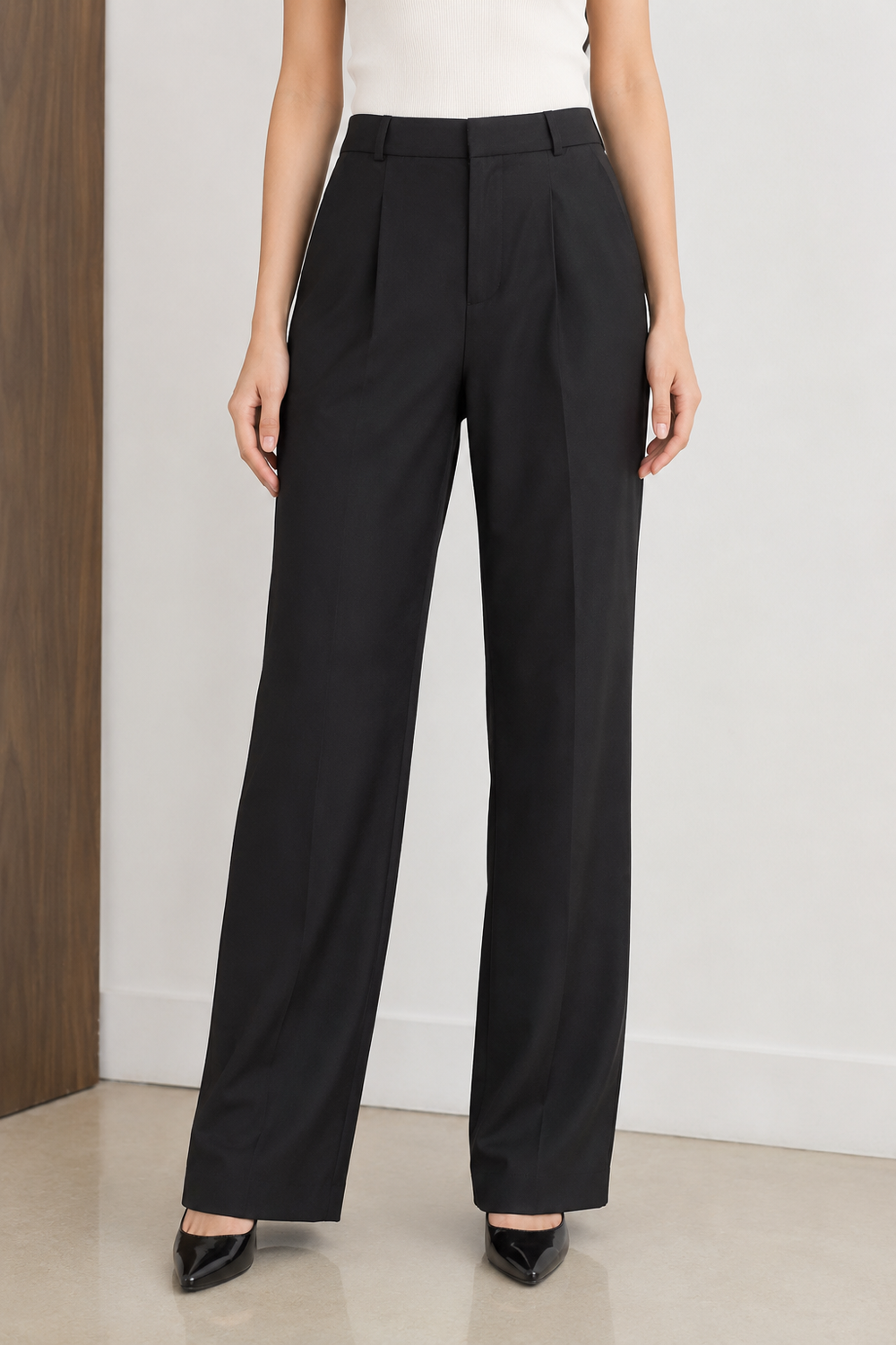 Women Black Wide Leg Formal Trousers | High Rise Relaxed Fit Office Wear Pants