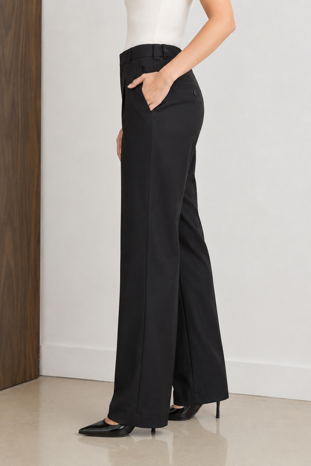 Women Black Wide Leg Formal Trousers | High Rise Relaxed Fit Office Wear Pants