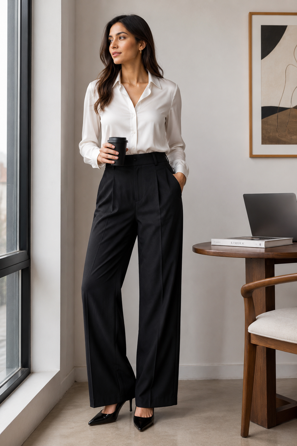 Women Black Wide Leg Formal Trousers | High Rise Relaxed Fit Office Wear Pants