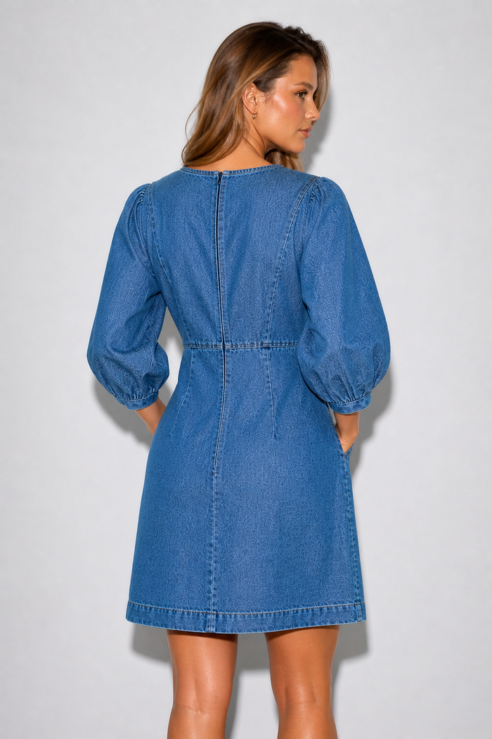 Blue Denim Puff Sleeve Mini Dress