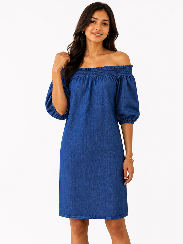 Blue Off Shoulder Denim Dress